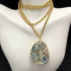Jasper Stone Pendant Blue Green Brown Gold Tone Necklace 31" Long